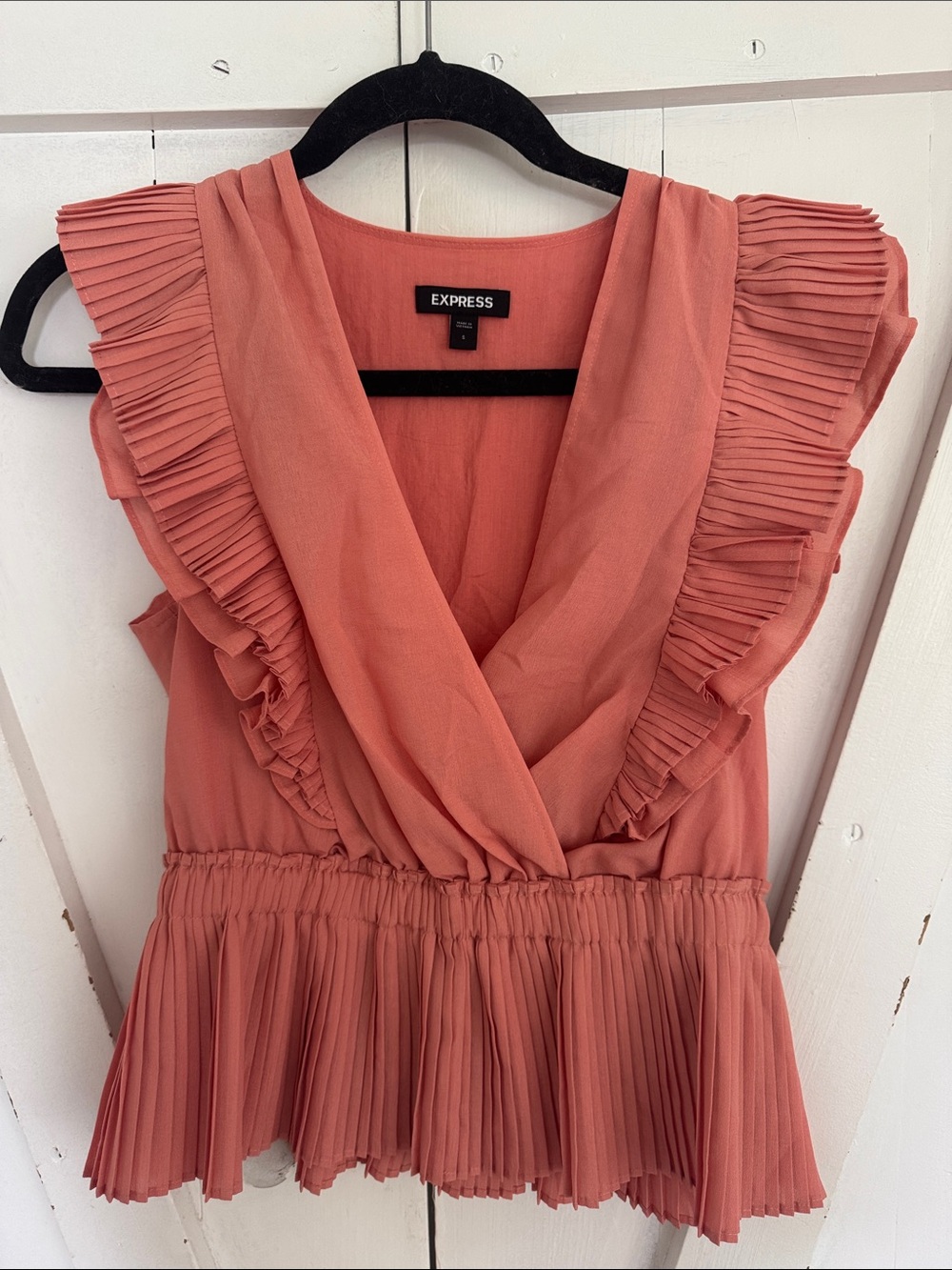 Express Coral Pink Pleated Ruffle V-Neck Blouse